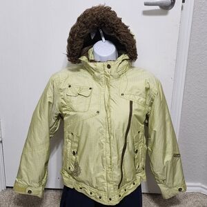 Obermeyer Girls size 12 Lime Green Herringbone Winter Jacket Fuzzy Hooded